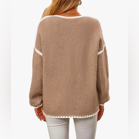 Soft oversized khaki sweater with contrasting white trim size small - Picture 3 of 3
